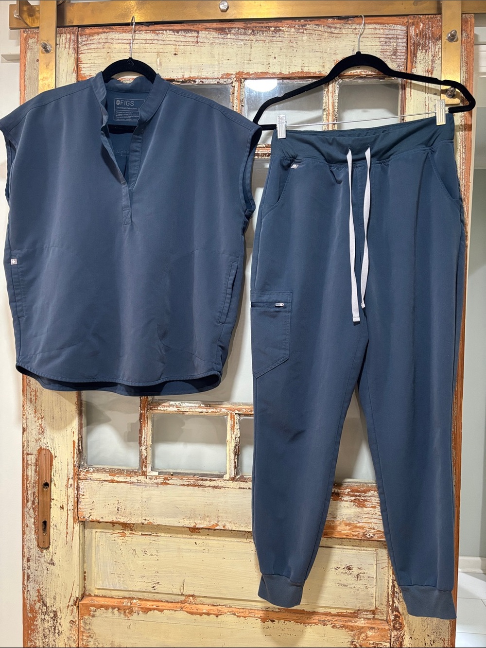Figs Slate Blue Sleeveless Scrub Top and Joggers Set